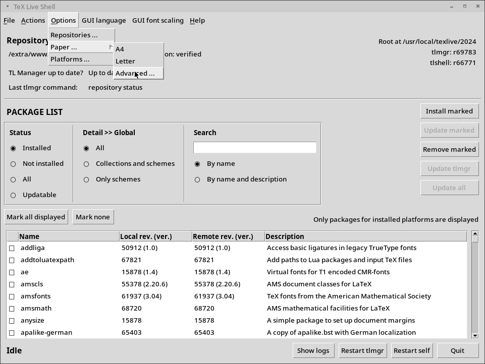 tlshell w trybie graficznym (GUI), menu Actions (GNU/Linux)