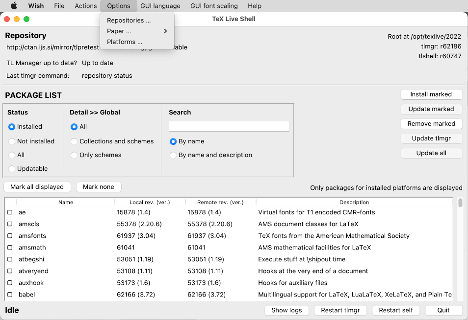 tlshell GUI, showing the Actions menu (Mac OS X)